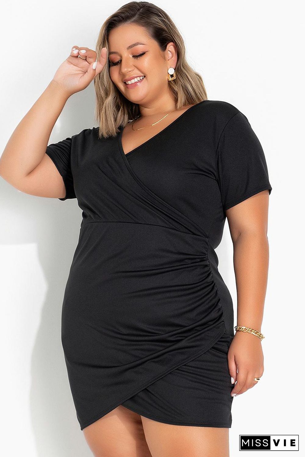 Black Wrap Ruched Short Sleeves Plus Size Mini Dress