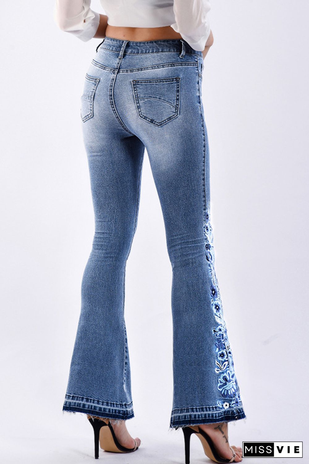 Bleach Embroidered Side Bell Bottom Flared Jeans Wholesale Boutique