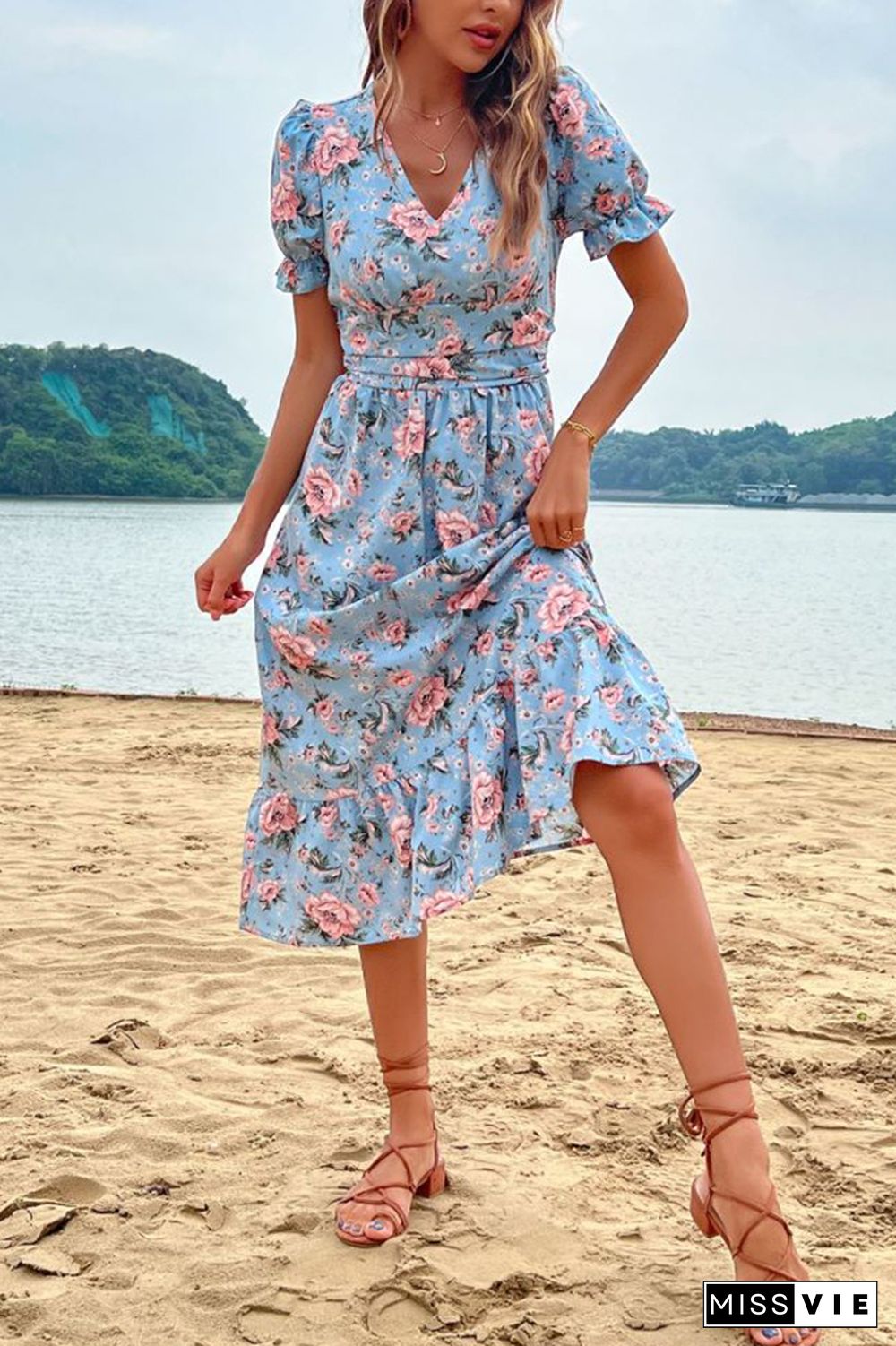 Puff Sleeve Flower Print V Neck Midi Dress Wholesale