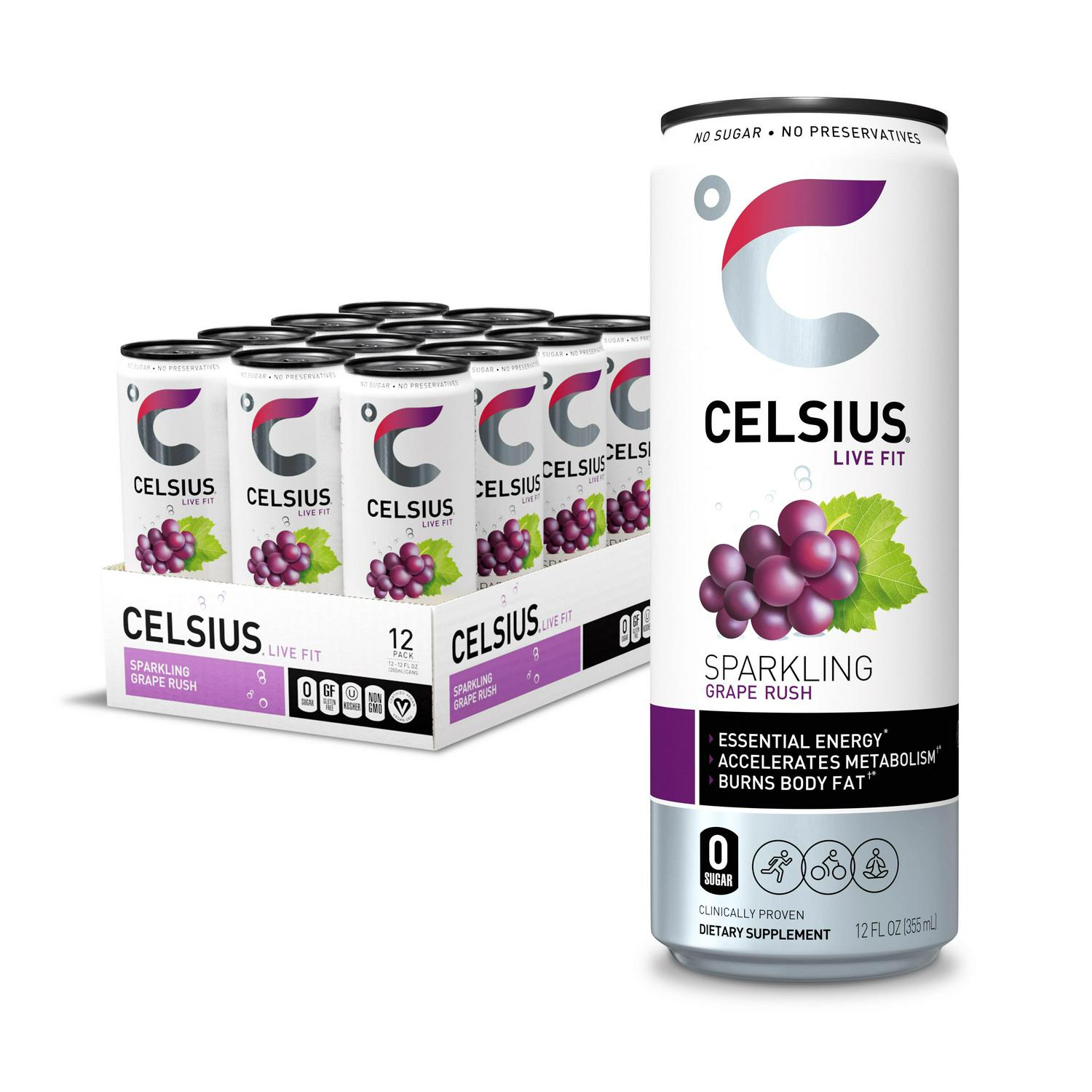 CELSIUS Essential Energy Drink 12 Fl Oz Sparkling Grape Rush (Pack of 12)  Crowdfused