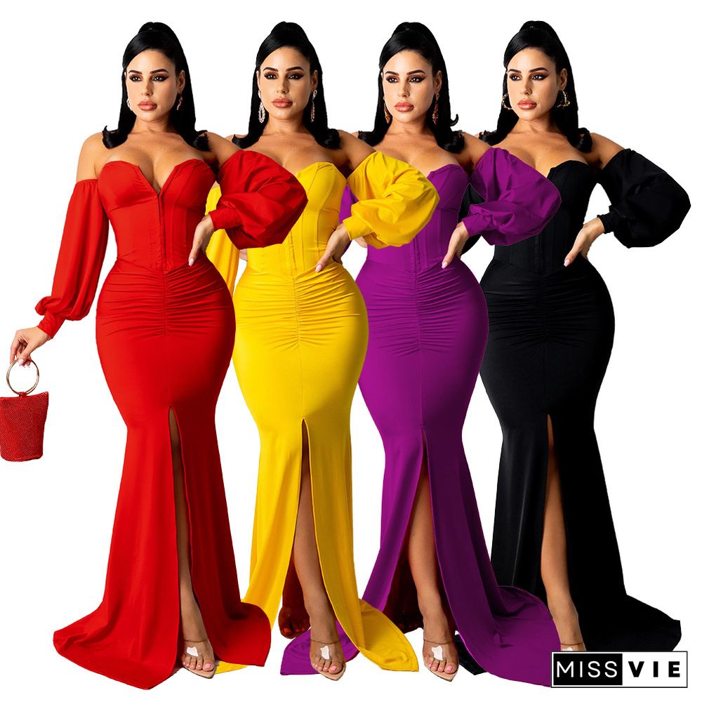 Elegant Off Shoulder Long Sleeve Slit Evening Dress