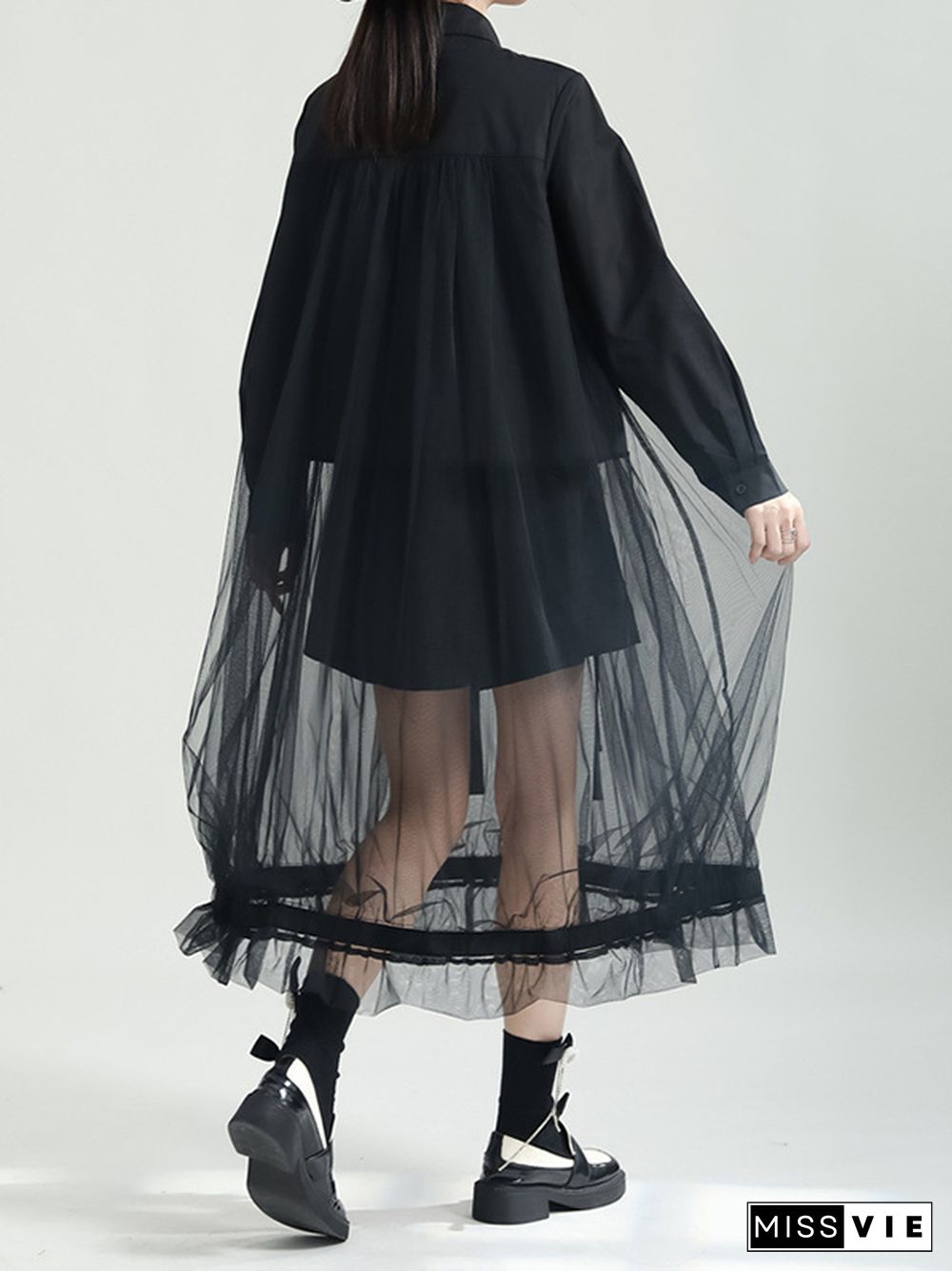 Long Sleeves Gauze See-Through Split-Joint Lapel Midi Dresses Shirt Dress