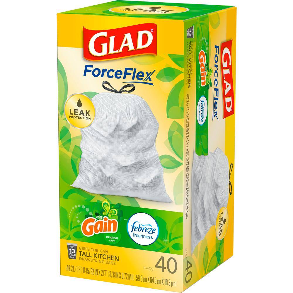 Glad ForceFlex 13 Gal. Tall Kitchen Drawstring Gain Original with Febreze Freshness Trash Bags (40-Count 3-Pack) C-205959531-3