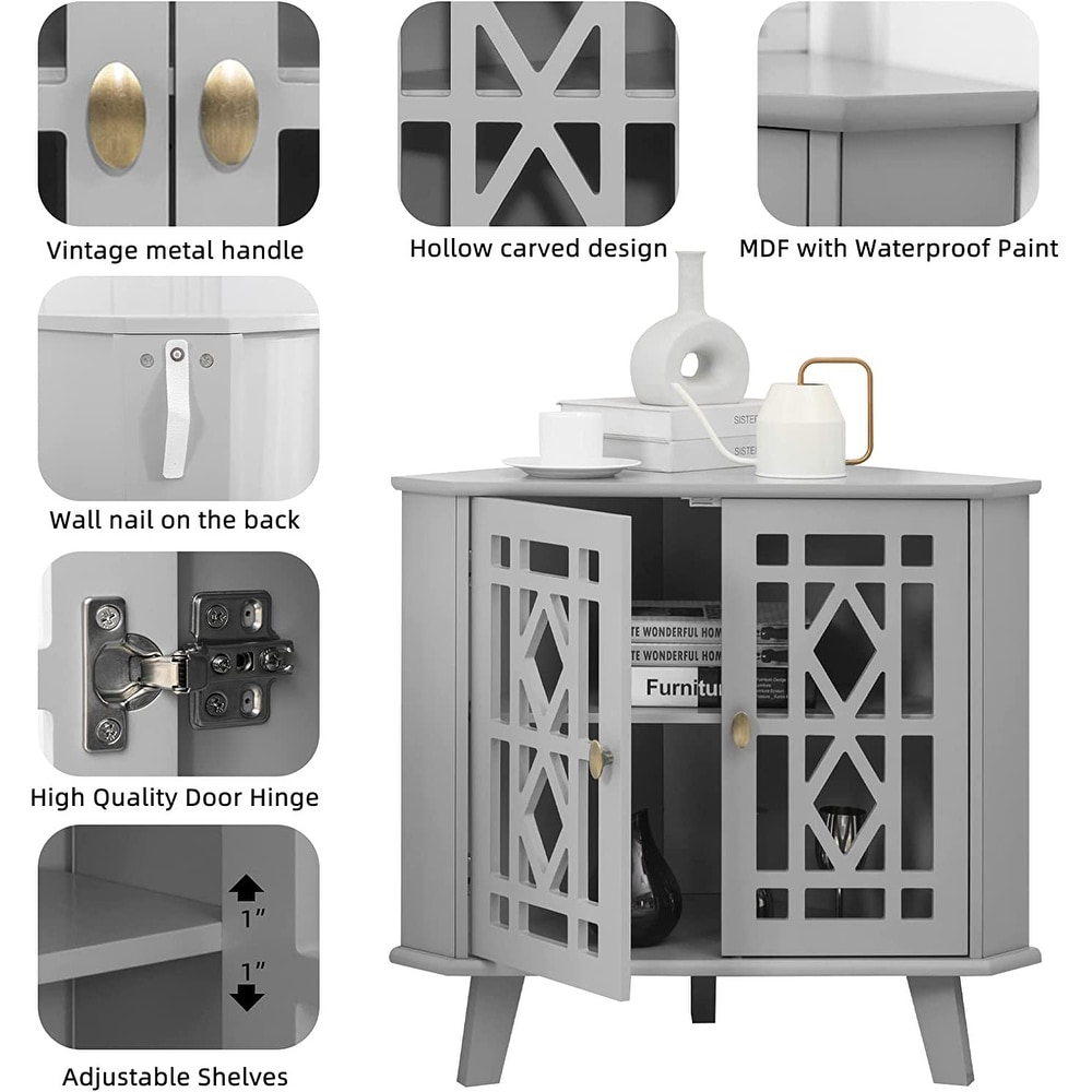 Corner Sideboard Cabinet with 2 Doors and 2 Tier Shelves Free Standing Corner Storage Organizer