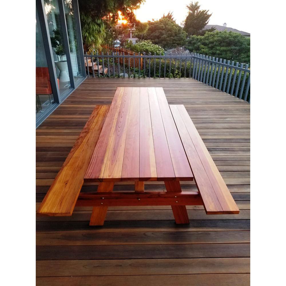 Outdoor 1905 Super Deck Finished 8 ft. Redwood Picnic Table with Attached Benches PTACHBB-8SC1905