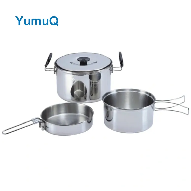 YumuQ 4 Pieces Customized Logo Stainless Steel Camping Cookware Set For Outdoor Hiking Cooking