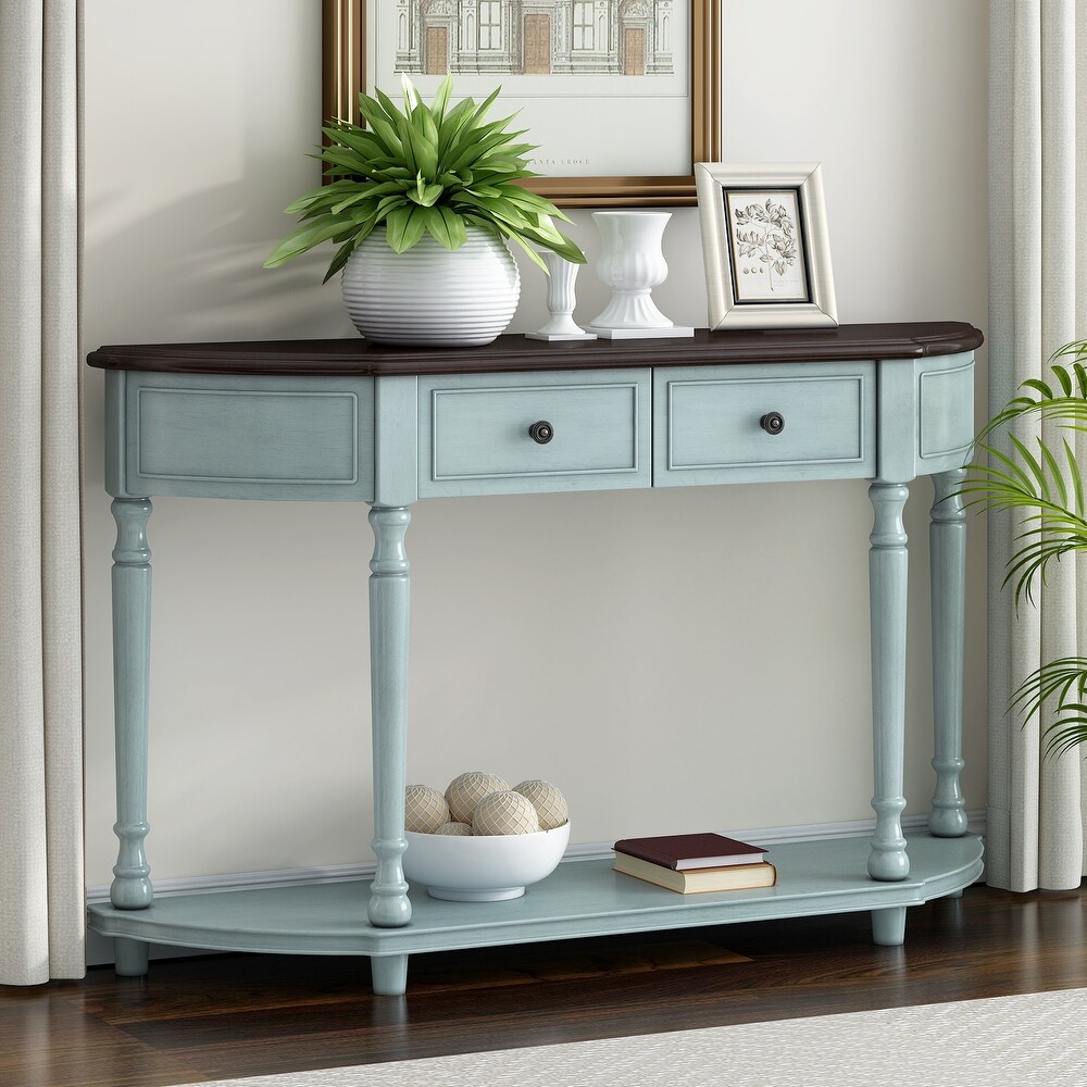 Retro Curved Console Table with Open Style Shelf and 2 Top Drawers  Half Moon Entry Table with Solid Wooden Frame and Legs