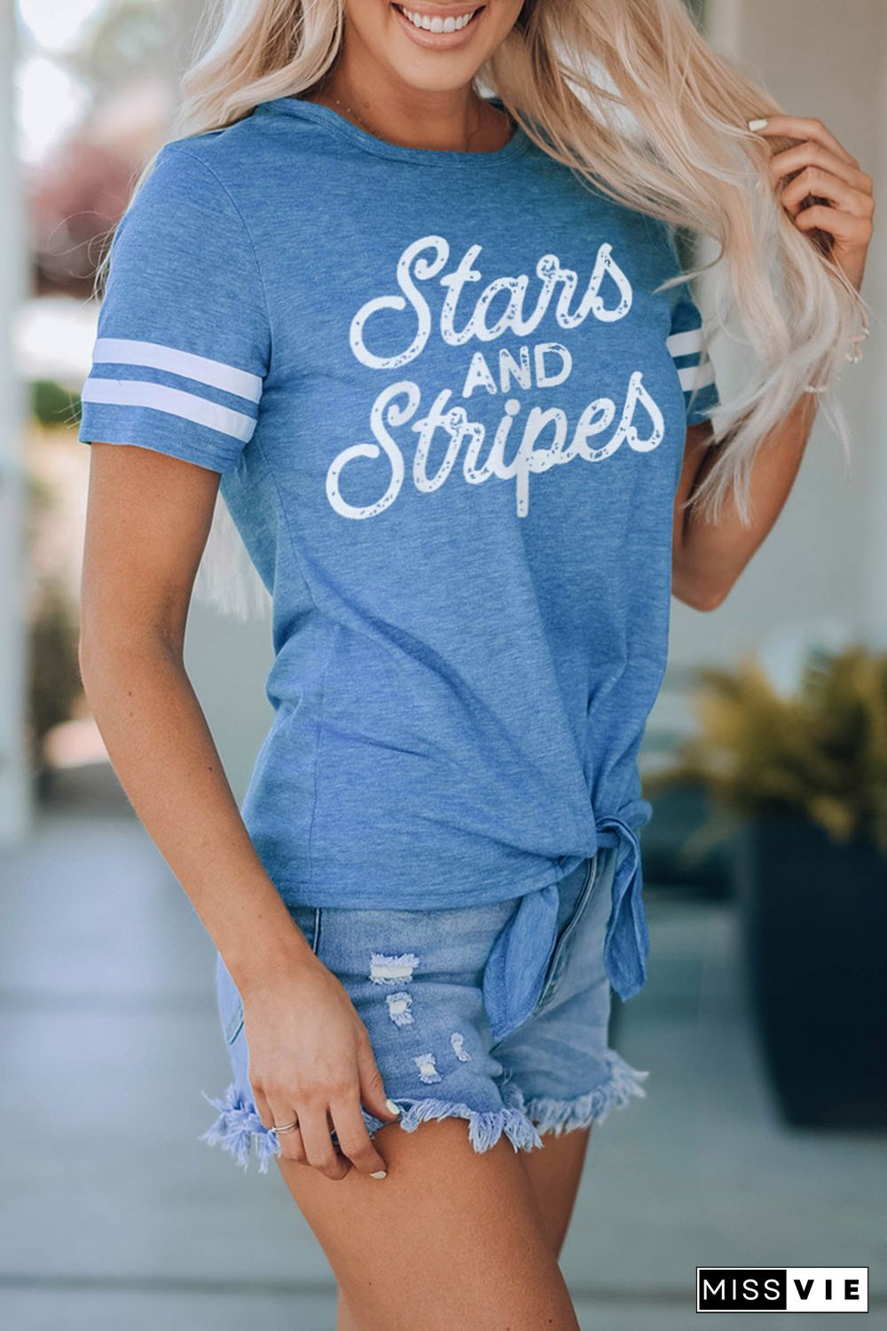 Blue Stars & Striped Print Knotted Graphic Tee