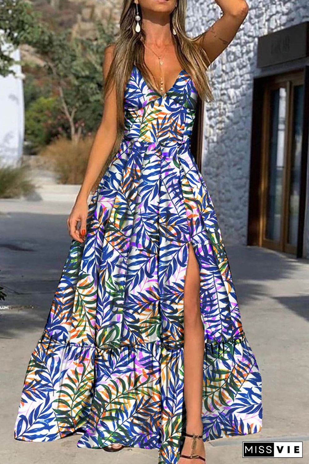 Fashion Print Slit Spaghetti Strap Cake Skirt Dresses