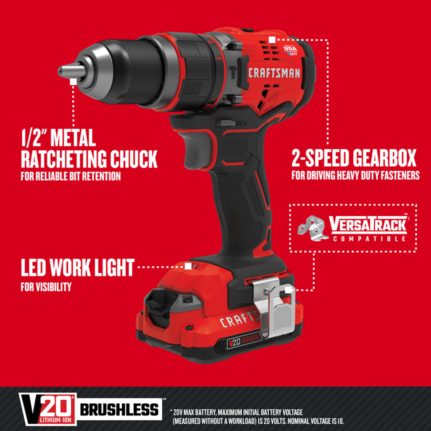 Craftsman V20 20 V 1/2 in. Brushless Cordless Hammer Drill Kit (Battery \u0026 Charger)