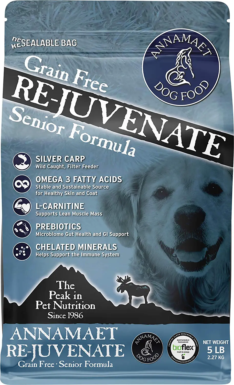 Annamaet Grain-Free Re-Juvenate Senior Formula Dry Dog Food (Fresh Silver Carp and Turkey) 5-lb Bag， Brown