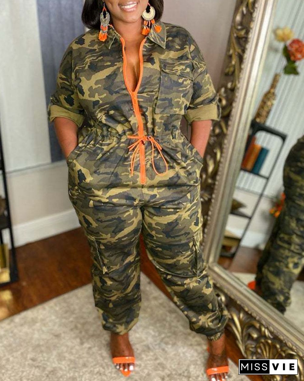 Camouflage Zipper Front Drawstring Jumpsuit