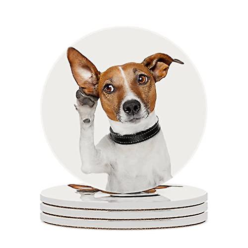 Round Drink Coasters 1 Pcs Dog Listening With Big Ear Absorbent Ceramic Coaster With Cork Base For Coffee Cups Housewarming Gift For Home Decor