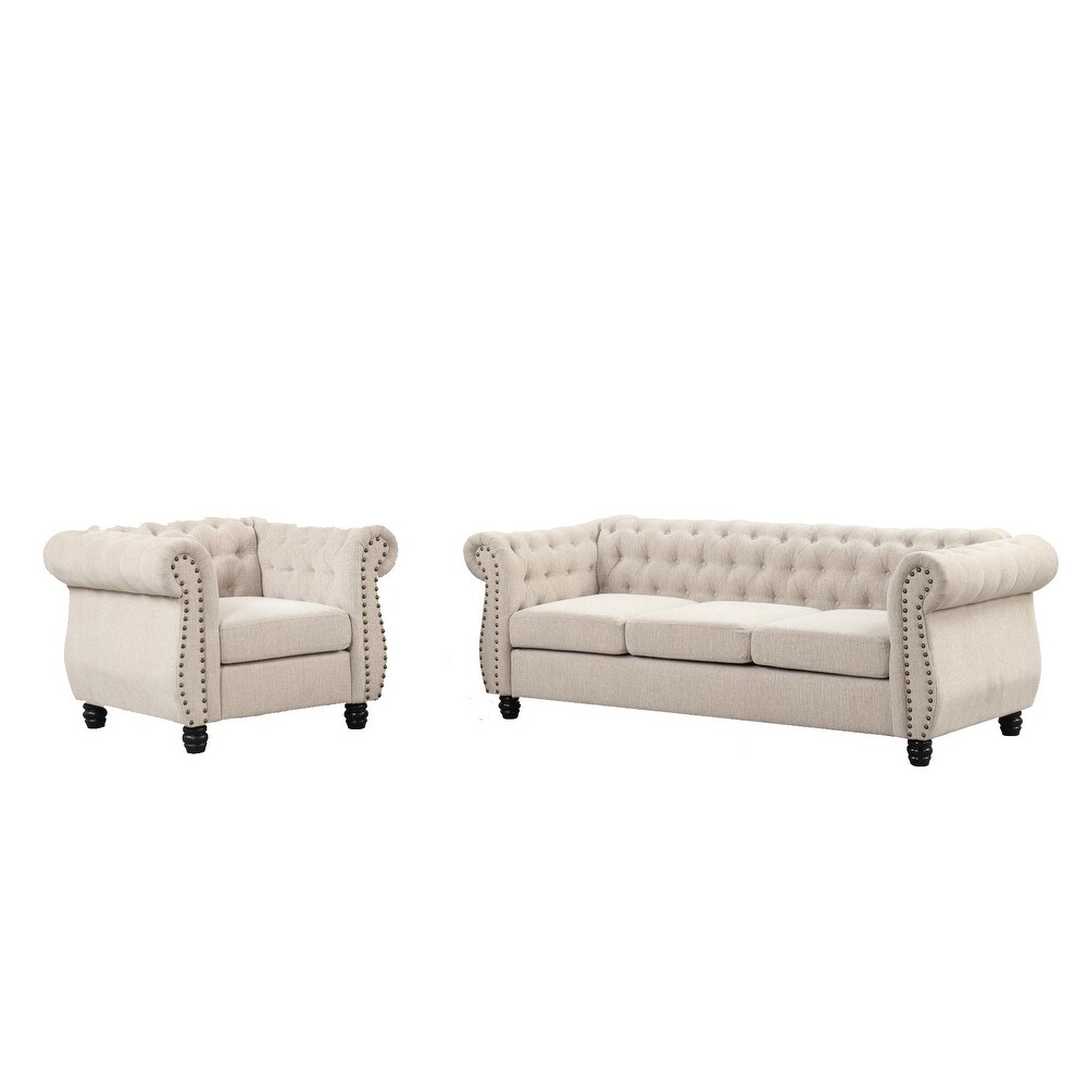 Morden Fort Tufted Upholstered Chesterfield set Chair  Sofa 2 PCS for Living Room  Fabric