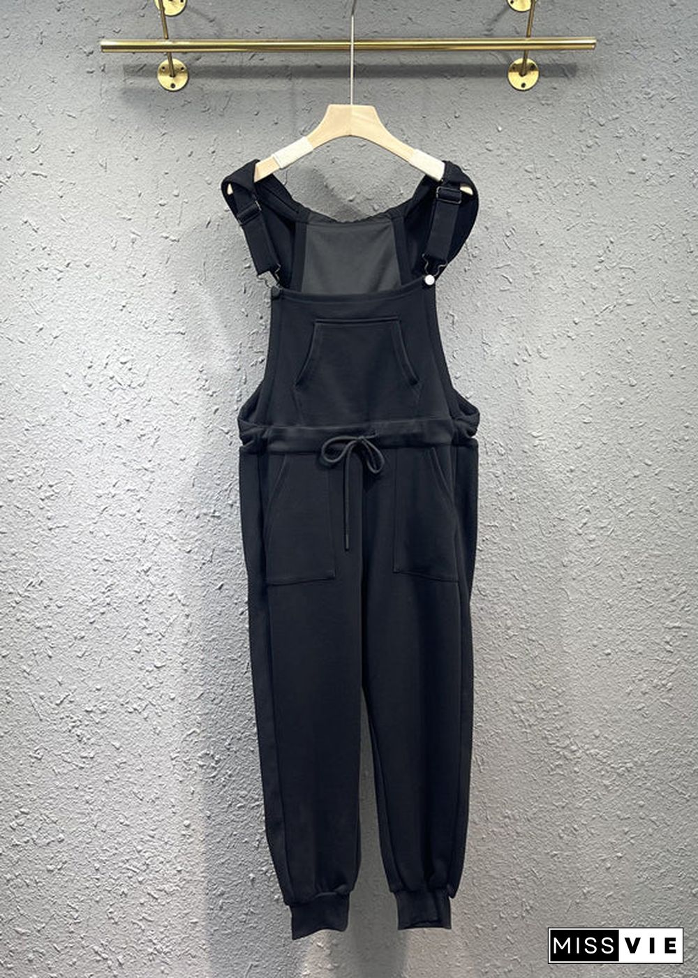 Women Black Pockets Drawstring Patchwork Cotton Overalls Jumpsuit Fall