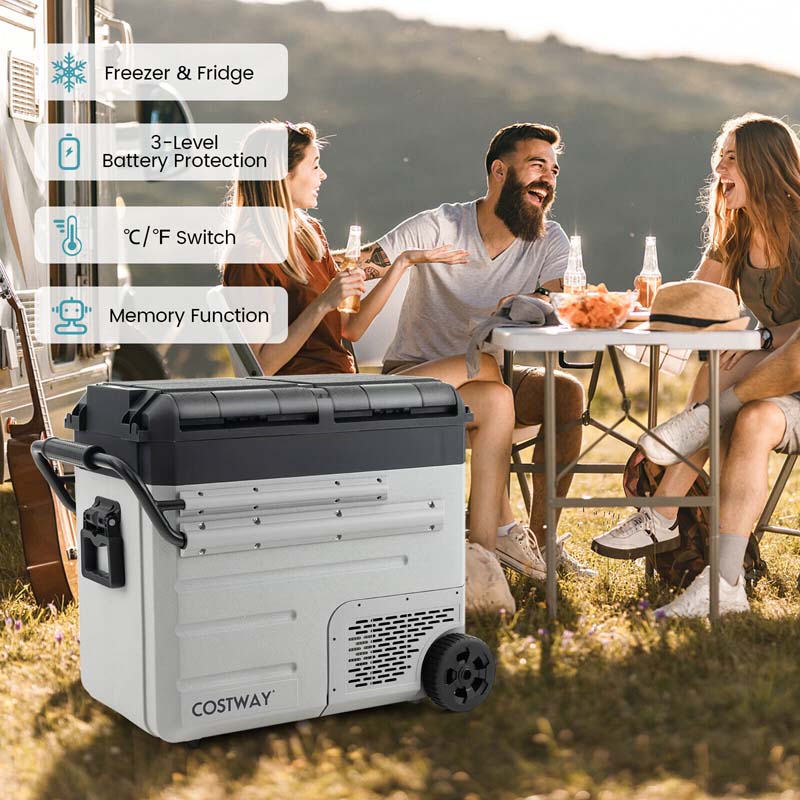 61-Quart Dual-zone Car Refrigerator with Wheels, 12V/24V DC & 100-240V AC Portable Car Fridge Cooler Freezer