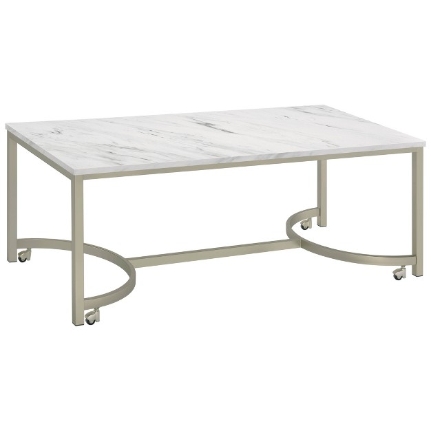 Leona Coffee Table Faux White Marble satin Nickel Coaster