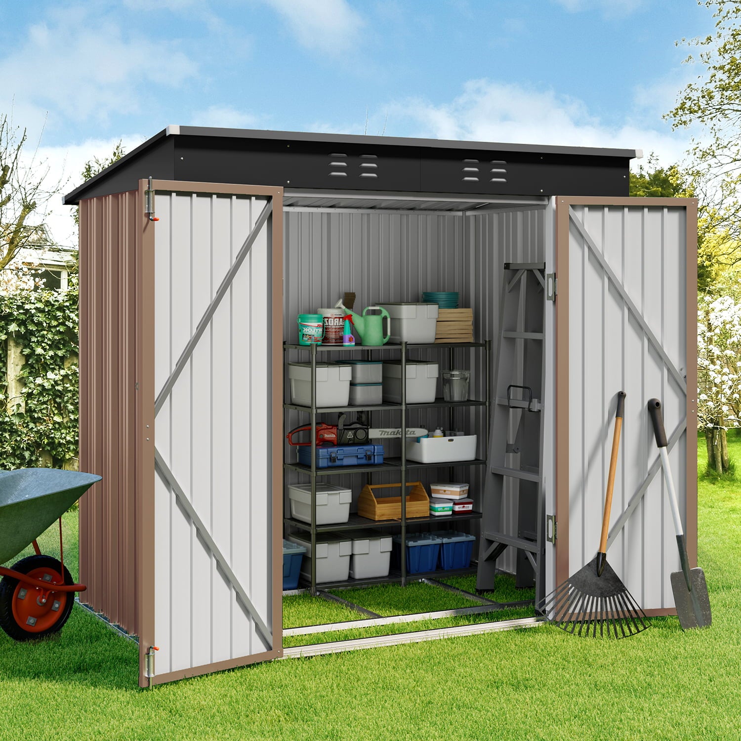 Lofka 6ft x 4ft Metal Garden Shed for Outdoor Storage, Brown