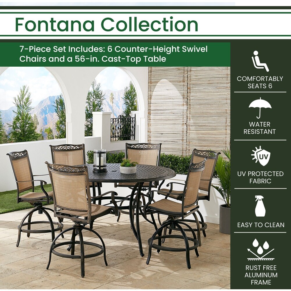 Hanover Fontana 7 Piece High Dining Set with 6 Counter Height Swivel Chairs and a 56 in. Cast Top Table