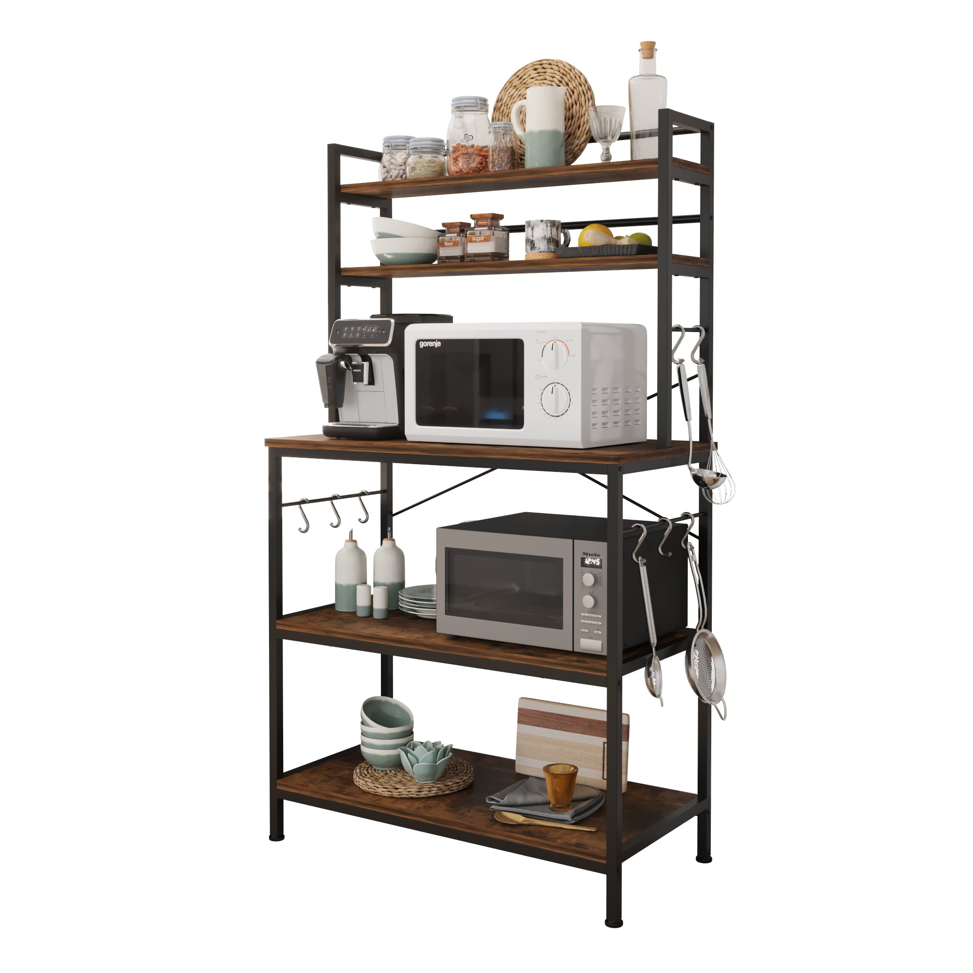 Ktaxon 67 5-Tier Industrial Baker's Rack， Microwave Oven Stand， Free Standing Kitchen Island Utility Cart Storage Shelf Organizer with 10 Hooks， Rustic Brown Finish