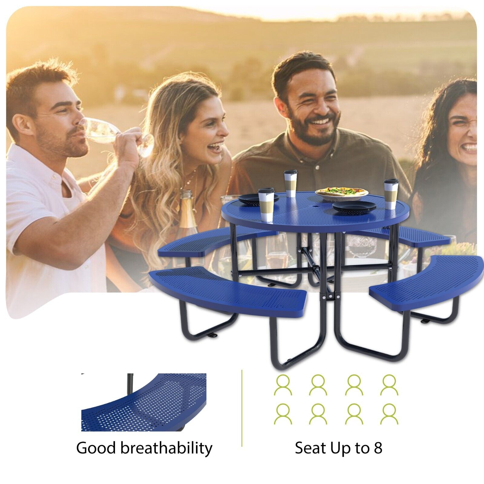 46 inch Expanded Metal Round Picnic Table (Blue)