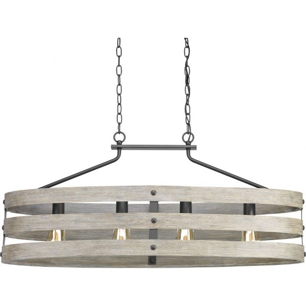 Progress Lighting Gulliver 4 light Linear Chandelier Graphite Open Design Galvanized With Antique White Accents Wood Grained Texture