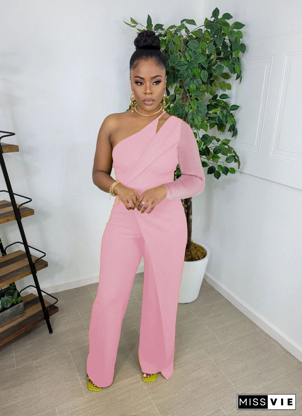 Elegant One Shoulder Long Sleeve Straight Jumpsuit