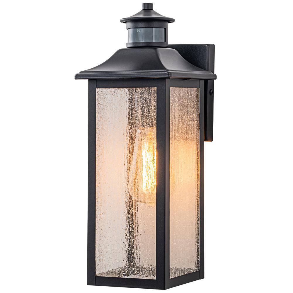 C Cattleya Black Motion Sensing Dusk to Dawn Outdoor Hardwired Wall Lantern Sconce with Seeded Glass Shade and No Bulbs Included HCA2344-W