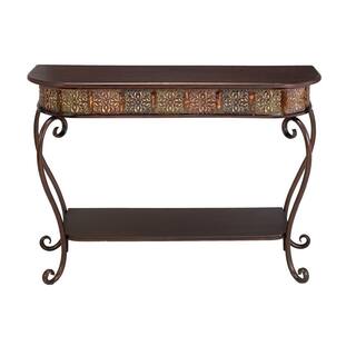 Litton Lane 43 in. Brown Extra Large Rectangle Metal Embossed 1 Shelf Floral Console Table with Ornate Scroll Legs 74362