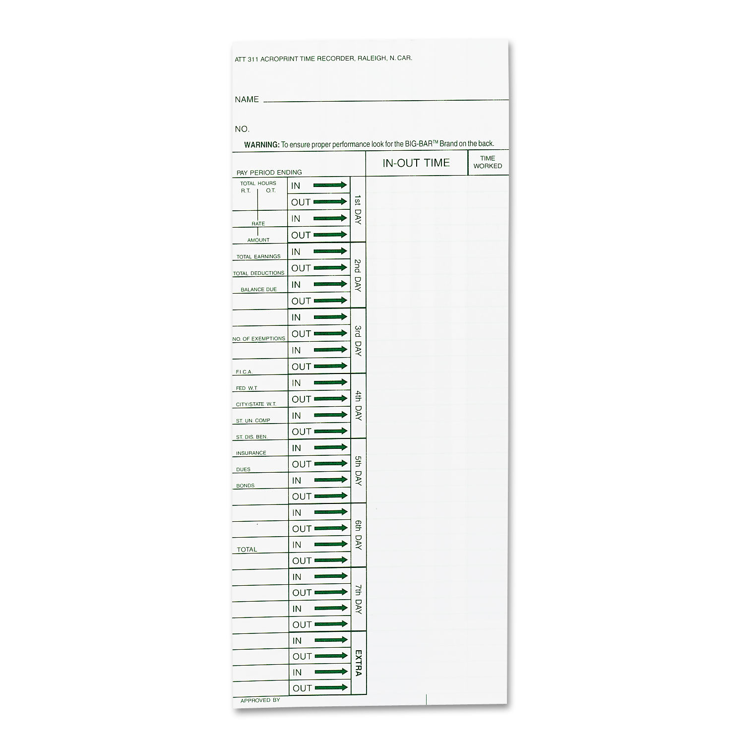 Time Clock Cards for Acroprint ATT310 by Acroprintandreg; ACP096103080