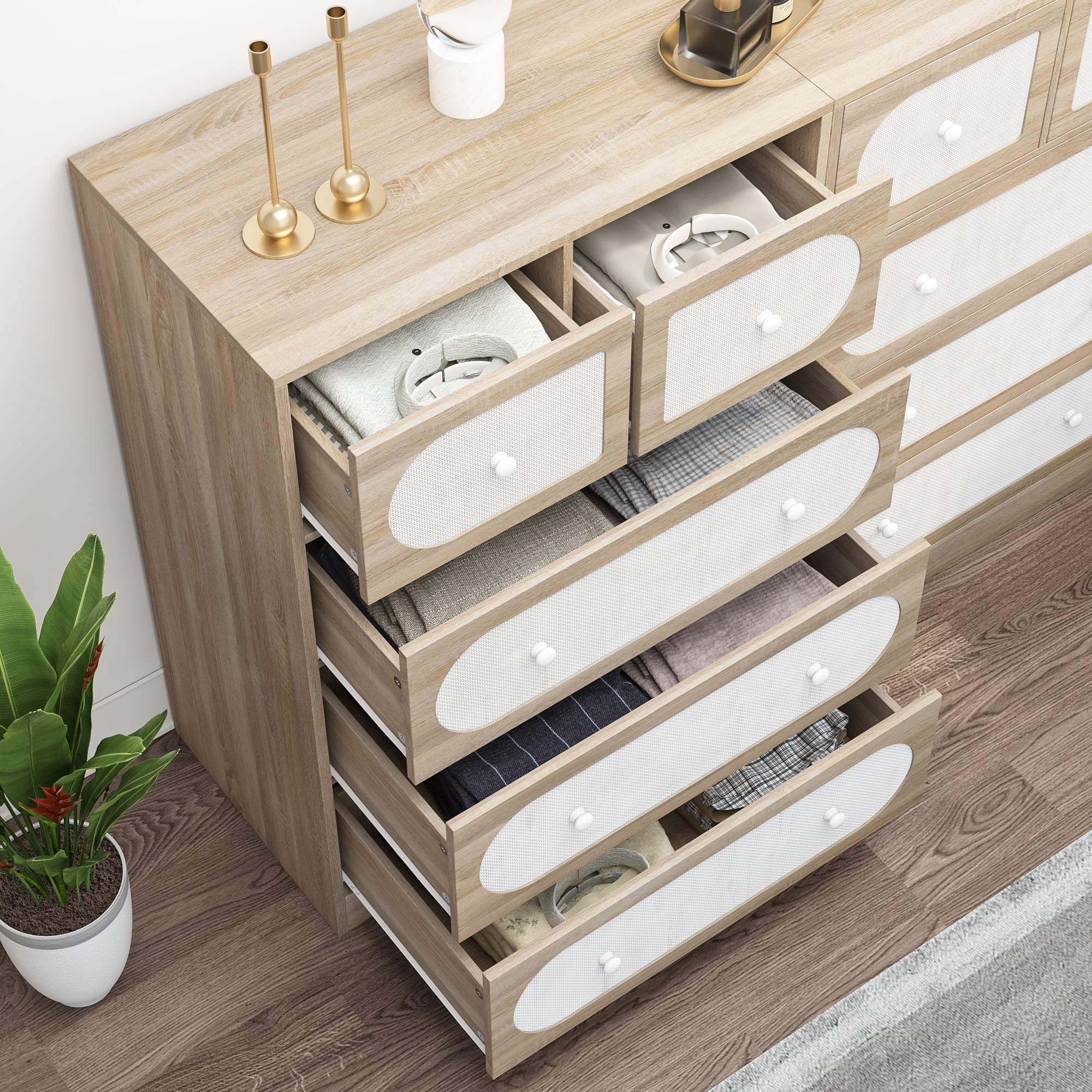 Homfa 5 Drawer Dresser for Bedroom, Rattan Dresser Modern Closet Dressers Chest of Drawers, Wood Storage Chest, Oak