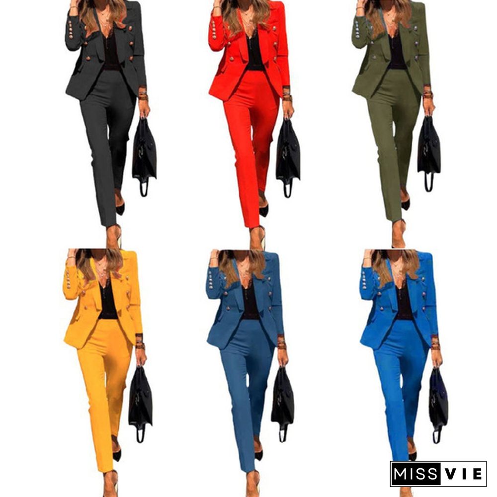 New Arrival Women's Fashion Two-Piece Casual Suits Blazer And Pants Set Office Lady Clothing Solid Color Plus Size