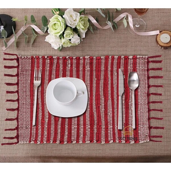 100% Cotton Woven Placemats for Dining Room Rectangle 14''x20'' with Fringes | Set of 6 | Washable