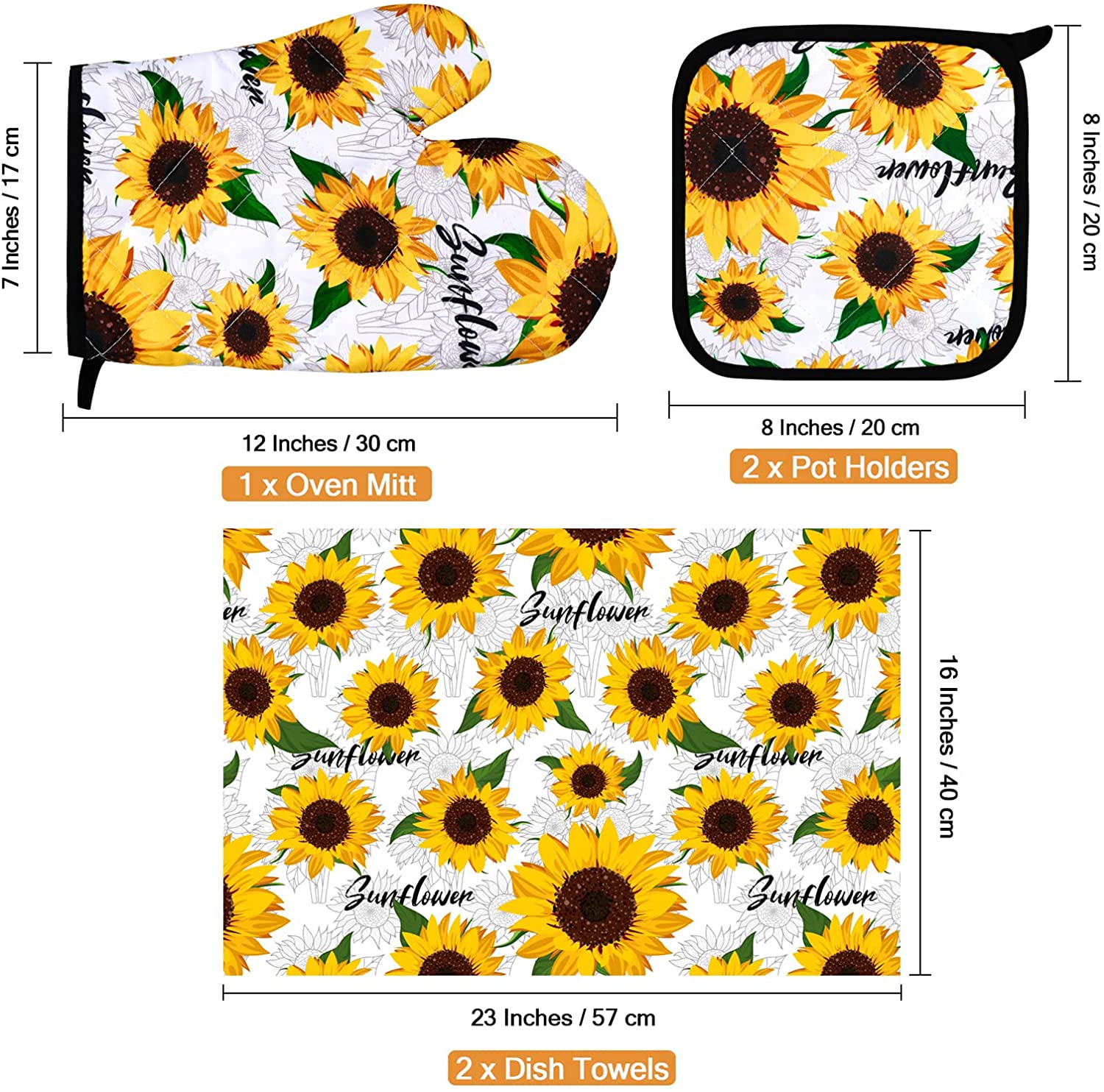 RUODON 5 Pack Yellow Sunflower Dish Towels Oven Mitts and Potholders Gloves-Oven Mitts Sunflower Dish Cloths Linen Set for Home Cleaning Daily Kitchen