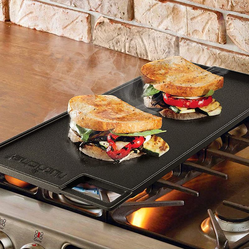 NutriChef 18 Cast Iron Skillet Reversible Grill Plate Pan for Stove Top， Black