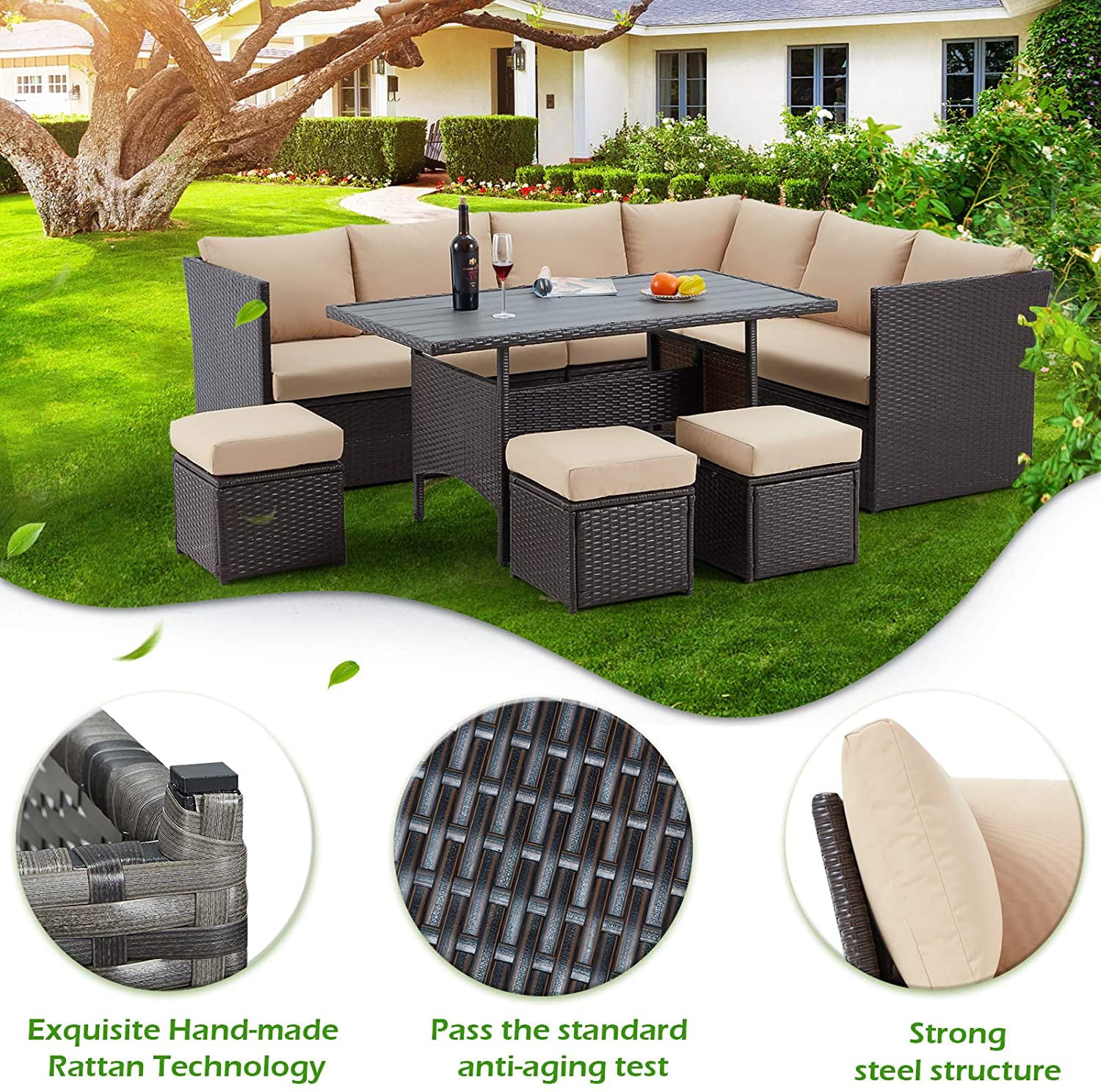 AECOJOY 7 Piece Patio Conversation Set, Outdoor Sectional Sofa Rattan Wicker Dining Furniture, Beige