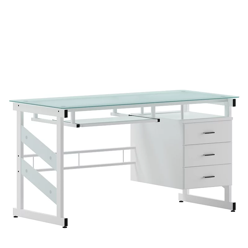 Emma and Oliver White Computer Desk with Frosted Glass Top and Three Drawer Pedestal