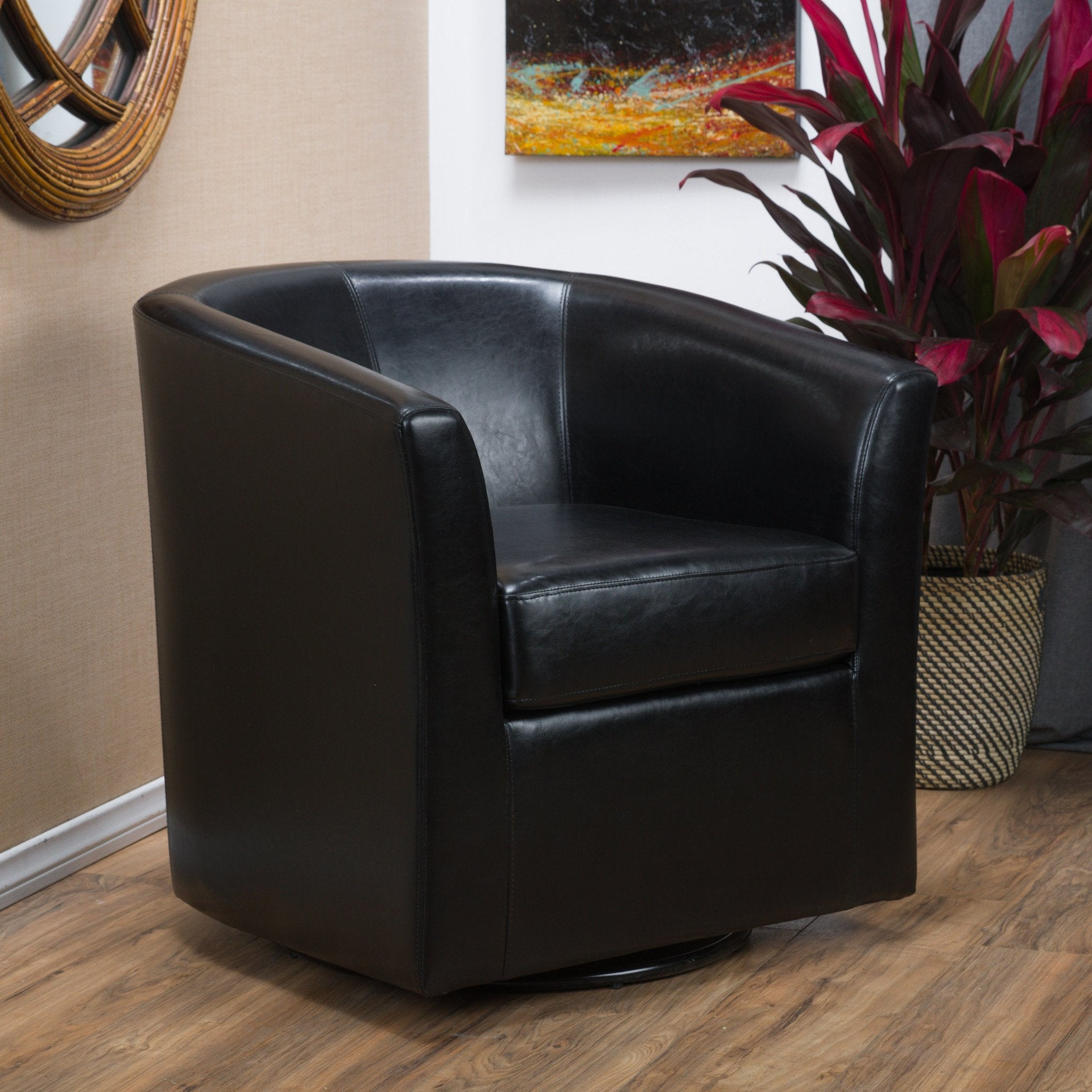 Corley Modern Upholstered Faux Leather Swivel Barrel Club Chair