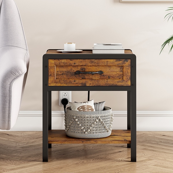 Nightstand with Charging Station， Modern Side Table End Table with 1 Drawer