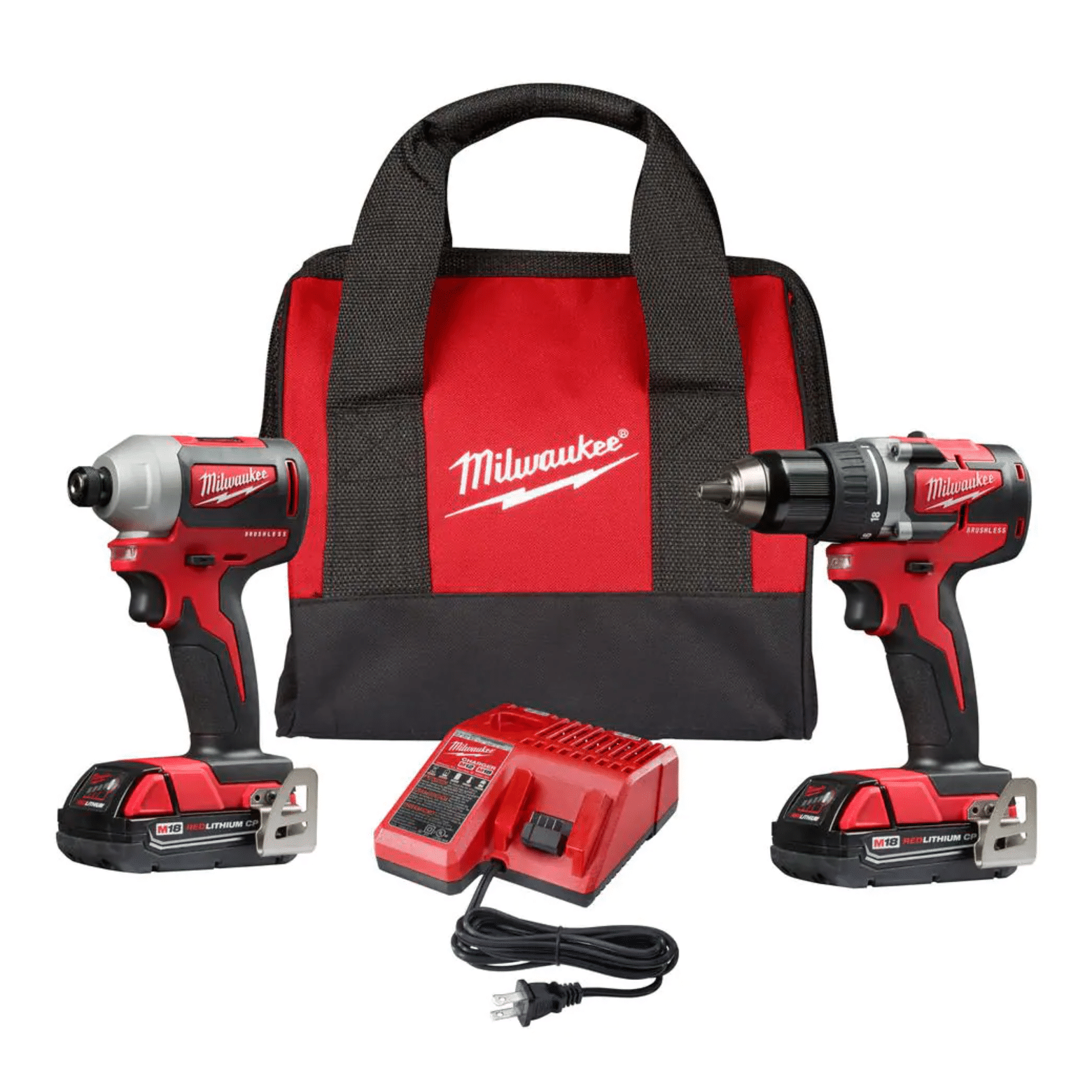 Milwaukee M18 18V Lithium-Ion Brushless Cordless Compact Drill/Impact Combo Kit (2-Tool) W/ (2) 2.0Ah Batteries， Charger and Bag (2892-22CT)