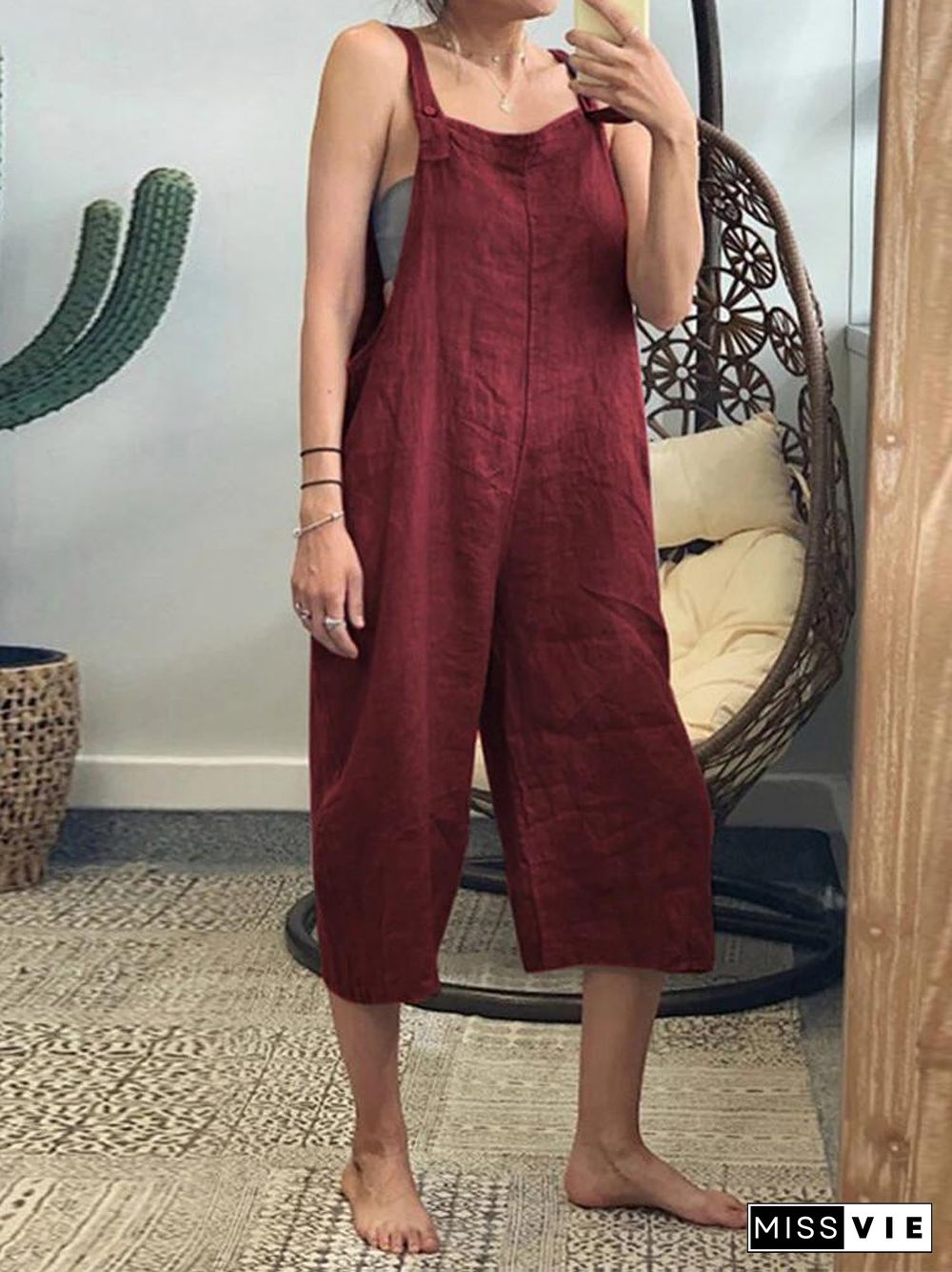 Women'S Pocket  Cotton Solid Loose Jumpsuit