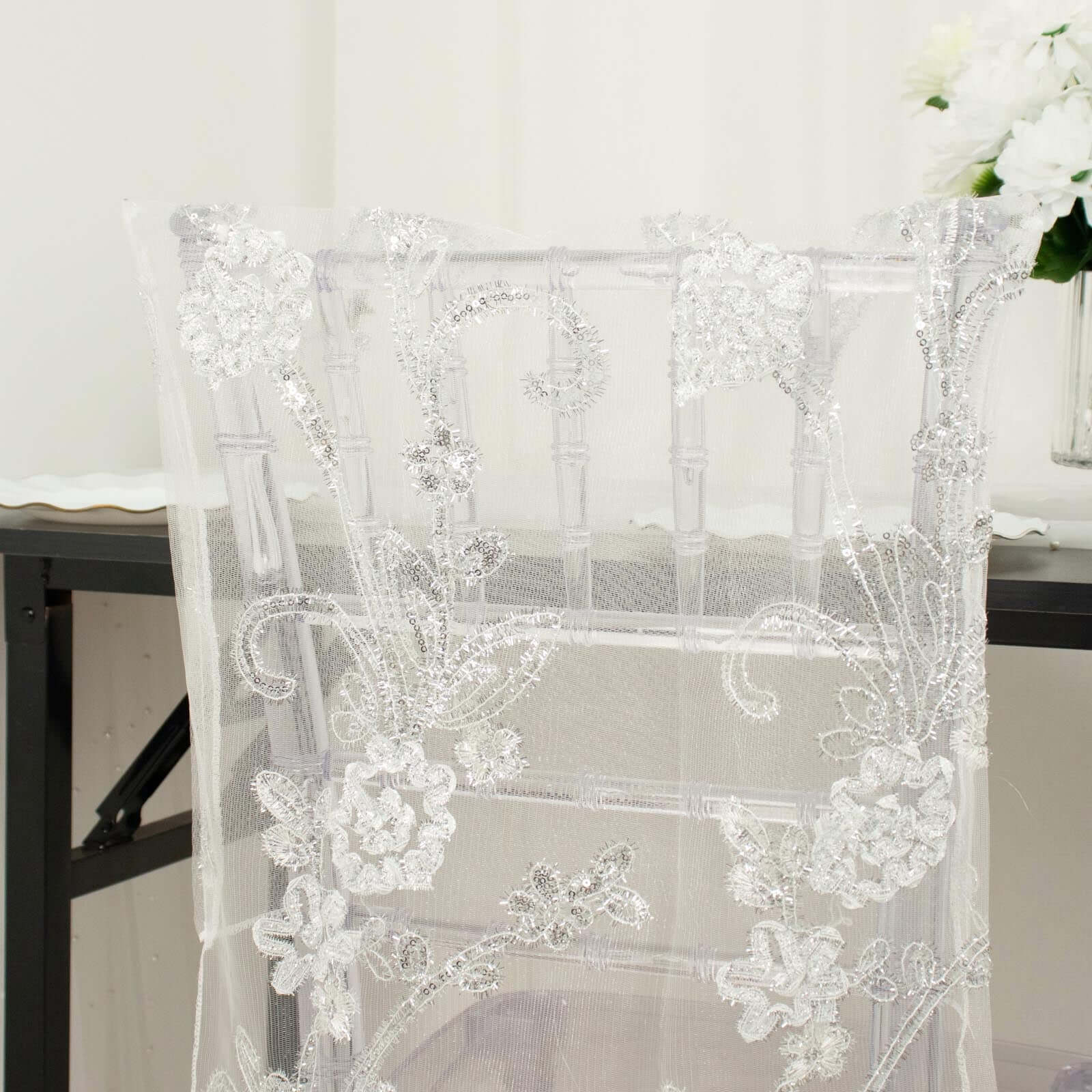 White Organza Floral Sequin Embroidered Wedding Chiavari Slipcover, Wedding Chair Back Lace Cover