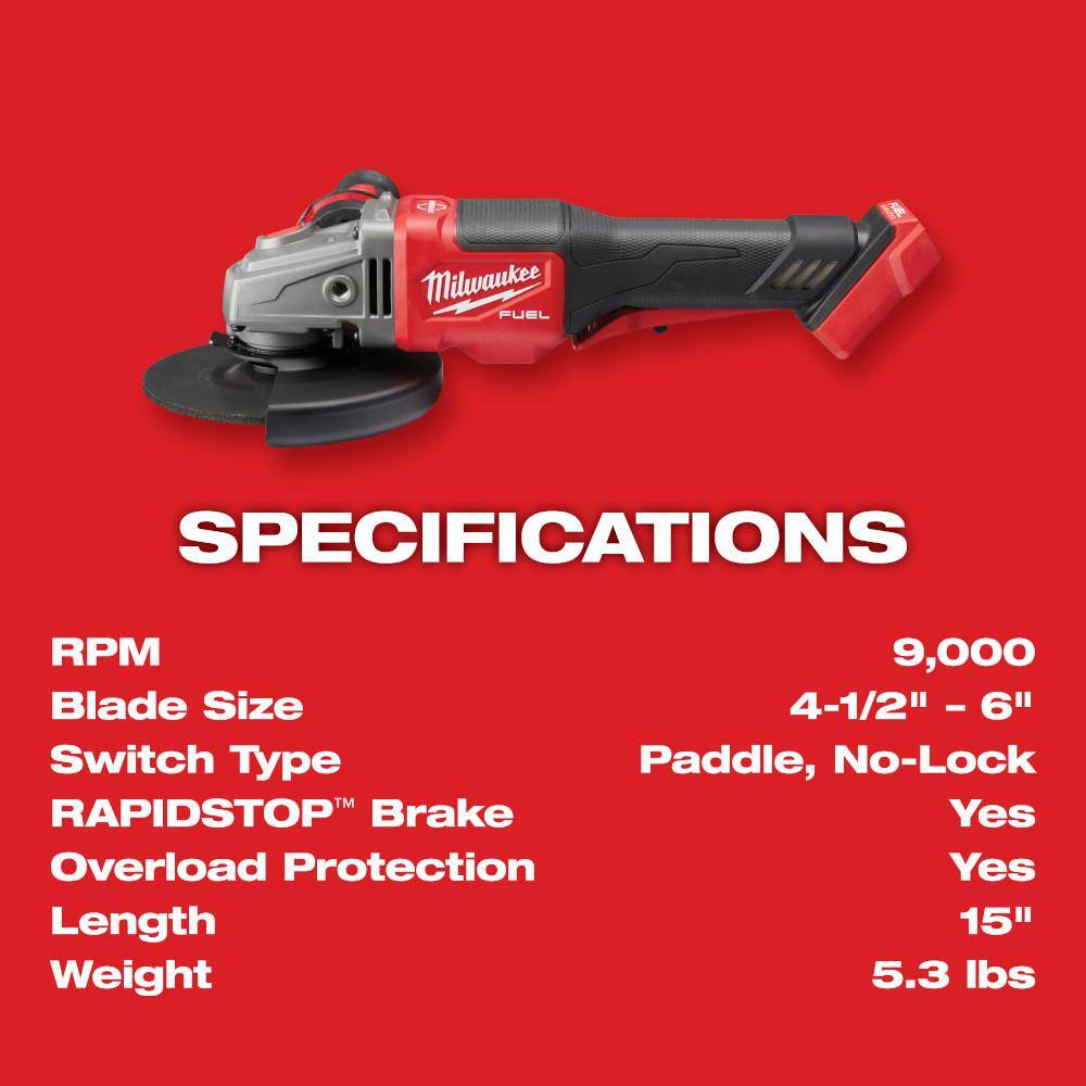 MW M18 FUEL 18- V Lithium-Ion Brushless Cordless 4-12 in.6 in. Braking Grinder with with FUEL 14 in. Hex Impact Driver 2980-20-2953-20