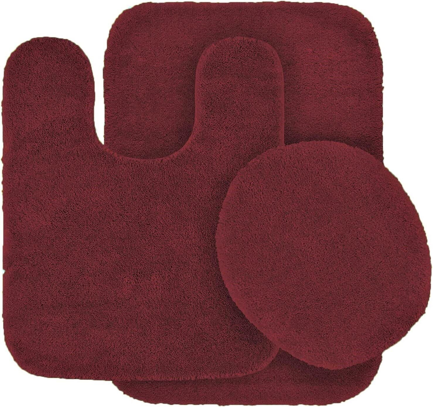 3-Piece Bathroom Rug Set Shiny BURGUNDY Soft Plush， Plain Large Rug ， Contour Mat， and Toilet Lid Cover Rubber Backing