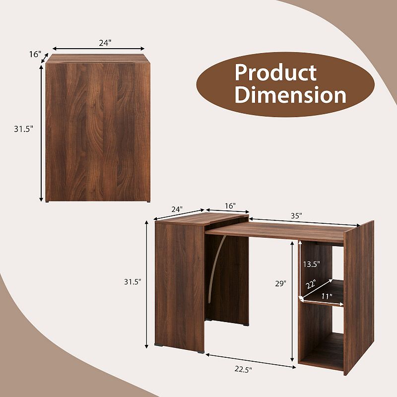 Extendable Computer Desk for Small Space with Mobile Shelves