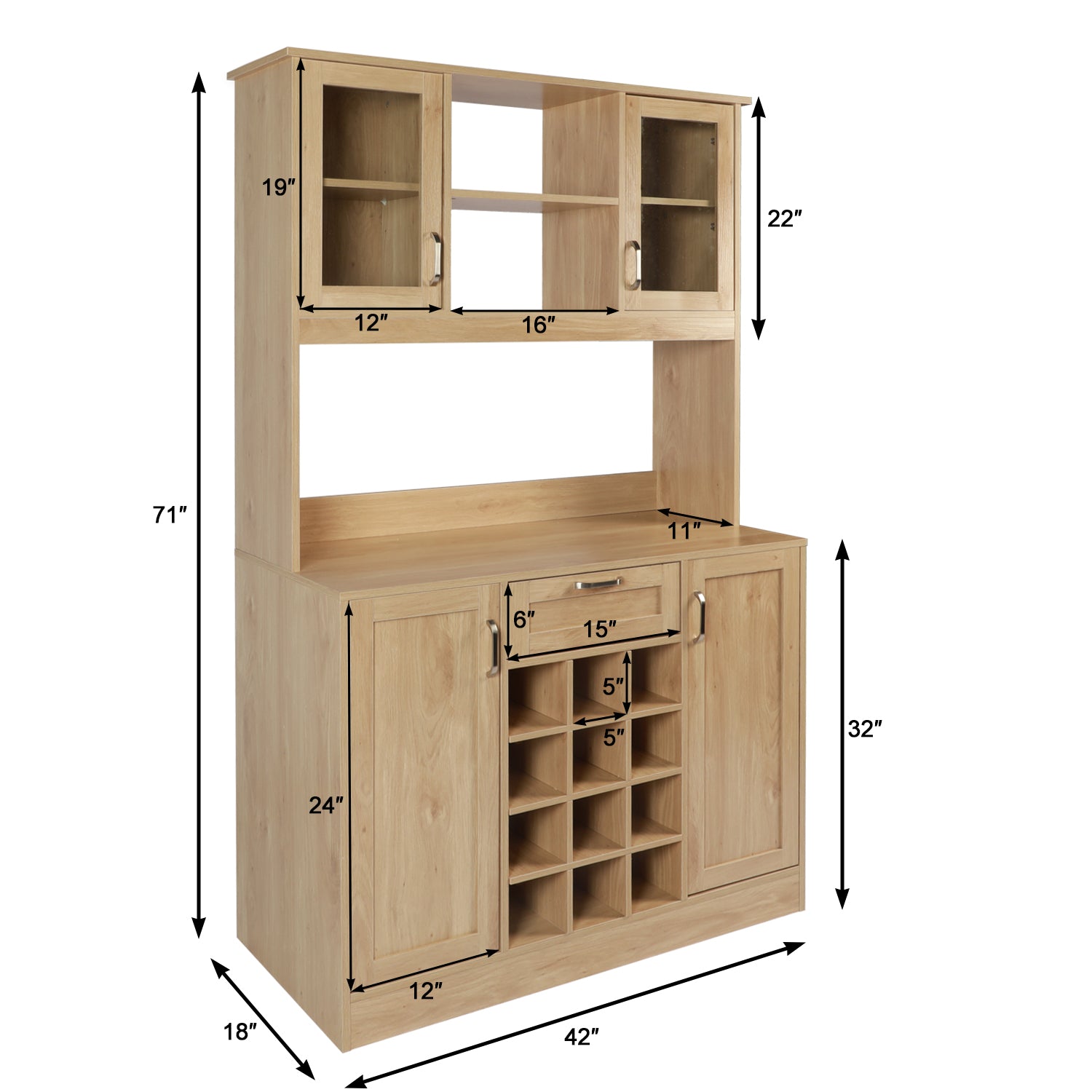 LAZZO Kitchen Buffet Storage Cabinet with Hutch Freestanding Kitchen Buffet Hutch Cupboard Wood Farmhouse Pantry Cabinet for Kitchen Storage Brown