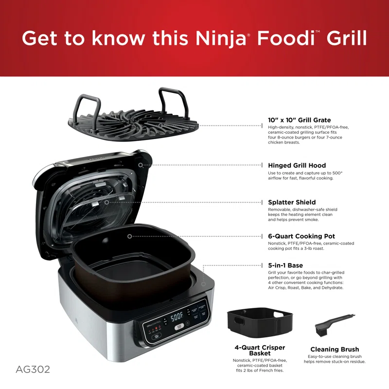 Ninja AG302 Foodi 5-in-1 4-qt. Air Fryer， Roast， Bake， Dehydrate Indoor Electric Grill Black and Silver