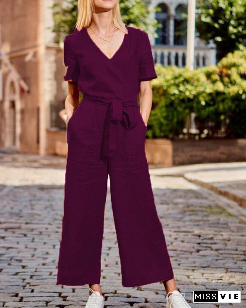 Paneled Solid Cross Front V-neck Casual Jumpsuit