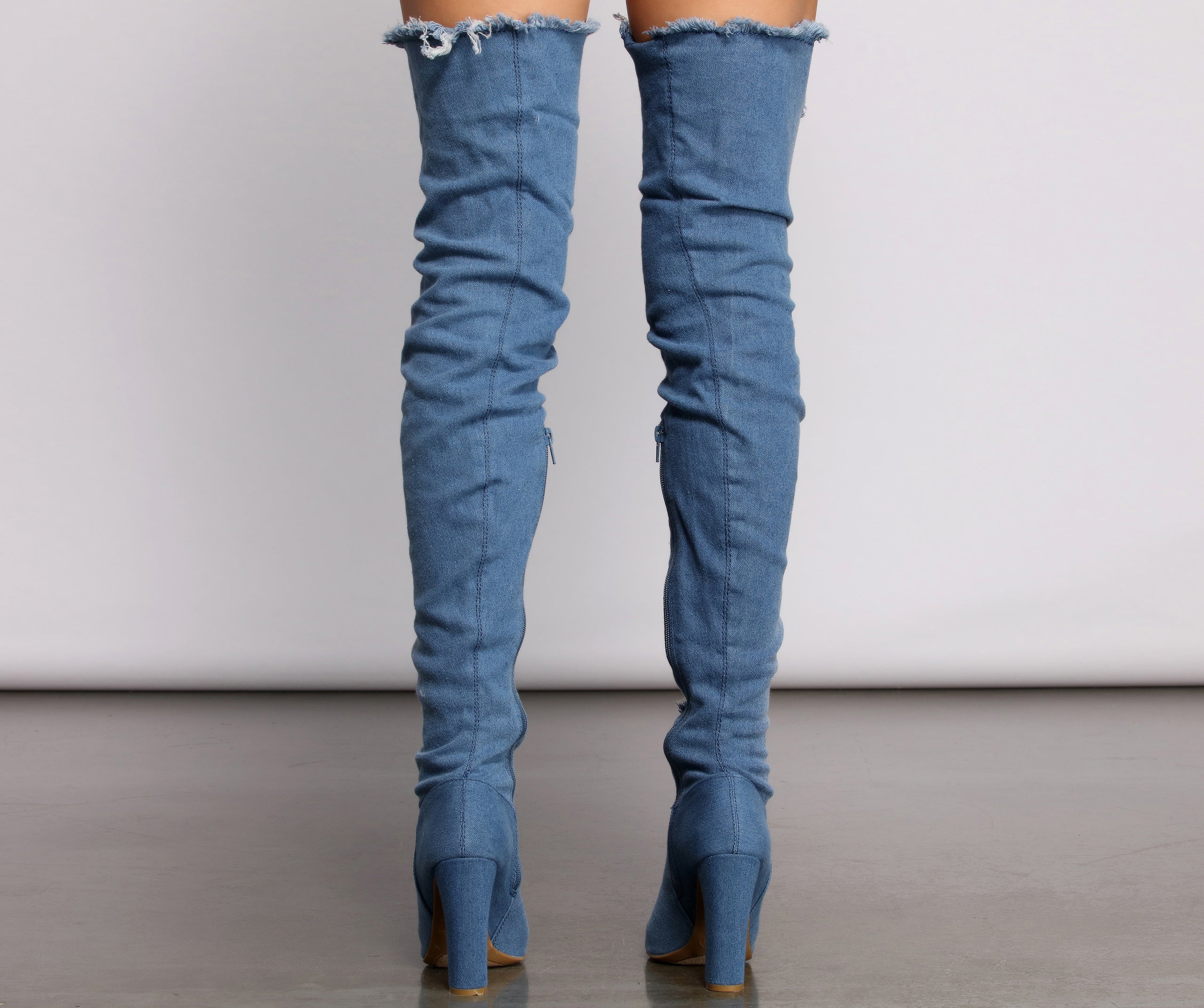 Destructed Denim Over The Knee Heeled Boots