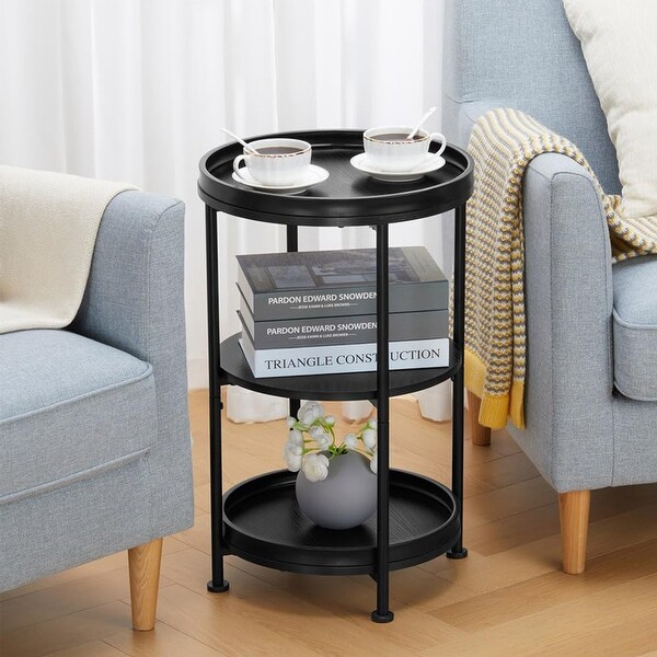 Round Industrial Sofa Table with 3 Storage Shelves，Black